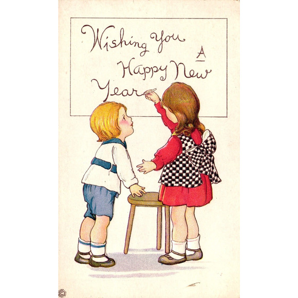 Vintage Postcard Wishing You A Happy New Year Toddler Boy & Girl Write on Wall - Picture 1 of 2
